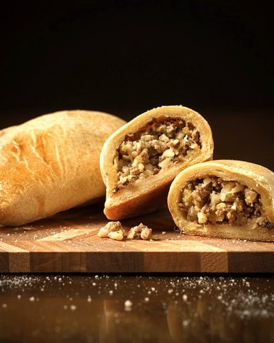 A mini meat pie cut in half, with the seasoned filling inside